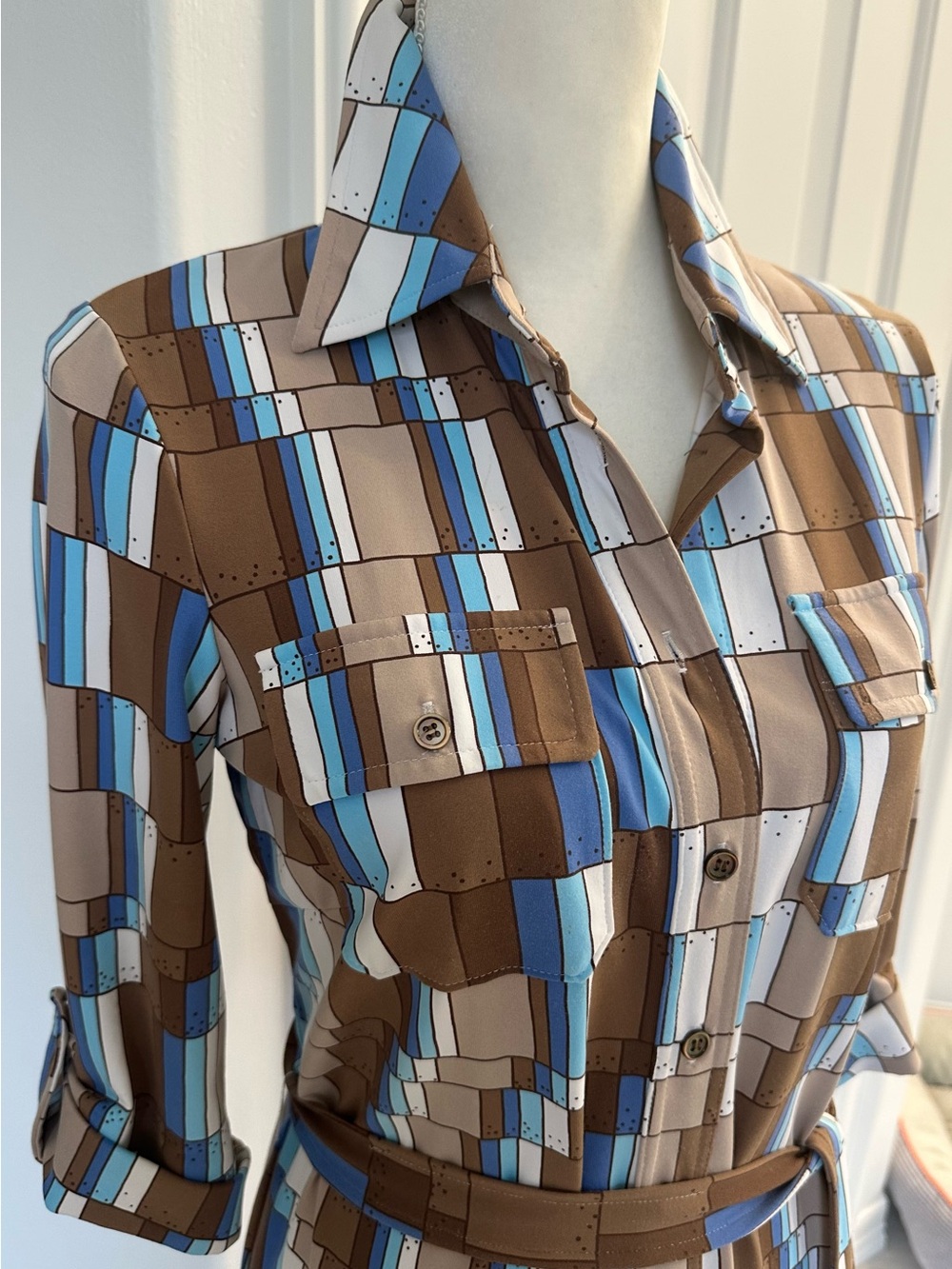 J. McLaughlin Brown, Blue & White Geometric Button-Front Shirt Dress
